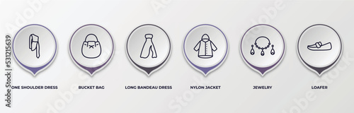 infographic template with outline icons. infographic for clothes concept. included one shoulder dress, bucket bag, long bandeau dress, nylon jacket, jewelry, loafer editable vector.