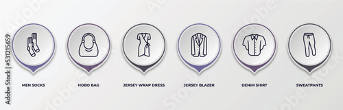 infographic template with outline icons. infographic for clothes concept. included men socks, hobo bag, jersey wrap dress, jersey blazer, denim shirt, sweatpants editable vector.