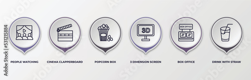infographic template with outline icons. infographic for cinema concept. included people watching a movie, cinema clapperboard, popcorn box, 3 dimension screen, box office, drink with straw editable