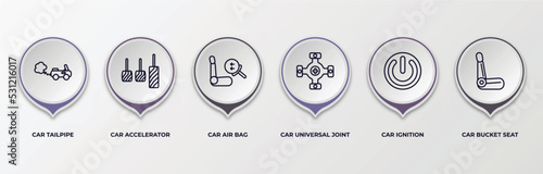 infographic template with outline icons. infographic for car parts concept. included car tailpipe, car accelerator, air bag, universal joint, ignition, bucket seat editable vector.