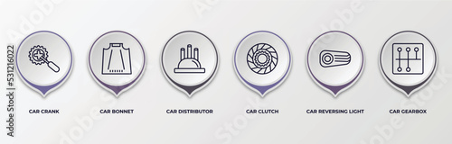 infographic template with outline icons. infographic for car parts concept. included car crank, car bonnet, distributor cap, clutch, reversing light, gearbox editable vector.