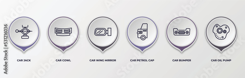 infographic template with outline icons. infographic for car parts concept. included car jack, car cowl, wing mirror, petrol cap, bumper, oil pump editable vector.