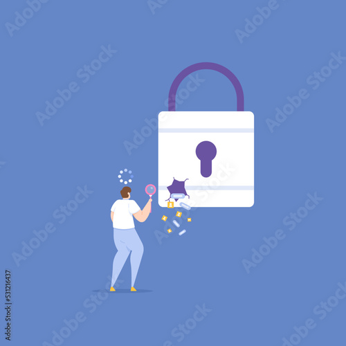 data leak on the server. an IT staff tried to analyze the security system using a magnifying glass to find the problem and fix it. check and resolve. data theft by hackers. concept illustration design