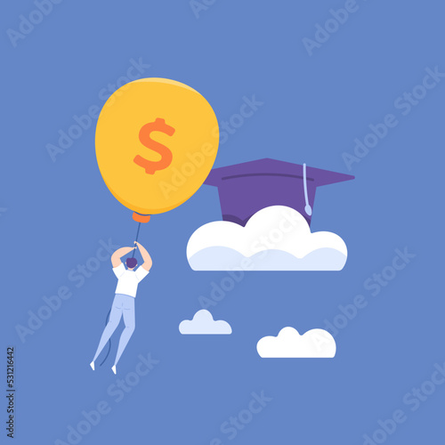 costs for education and for obtaining a bachelor's degree. A student uses a balloon to get a toga hat. progress to become a scholar and gain knowledge. money and education. concept illustration design