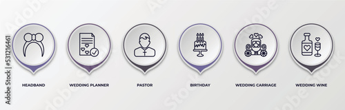 infographic template with outline icons. infographic for birthday and party concept. included headband, wedding planner, pastor, birthday, wedding carriage, wedding wine editable vector.