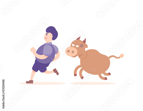 A man ran to escape from the cows. people are chased by angry cows because they don't want to be slaughtered. animal. concept illustration design