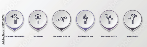 infographic template with outline icons. infographic for behavior concept. included stick man graduated, circus man, stick man push up, piggyback a kid, stick speech, fitness editable vector.
