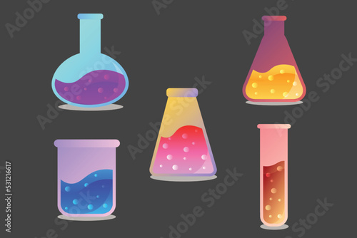 chemistry test tube flasks liquid and bubbles are beautiful like magic. Good for use in science laboratories biology.Vector colorful icons
