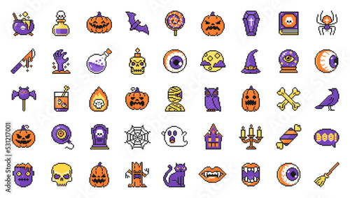 Set of Halloween icons in pixel art style, vector sign symbols.