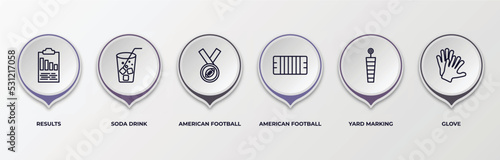 infographic template with outline icons. infographic for american football concept. included results, soda drink, american football medal, american football mark, yard marking, glove editable