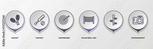 infographic template with outline icons. infographic for outdoor activities concept. included racket, cricket, dartboard, volleyball net, , photography editable vector.
