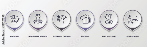 infographic template with outline icons. infographic for activity and hobbies concept. included magician, newspaper readign, butterfly catcher, brewing, bird watching, golf playing editable vector.