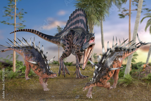 Fototapeta Naklejka Na Ścianę i Meble -  大きなスピノサウルスに襲われて2匹のケントロサウルスが逃げる