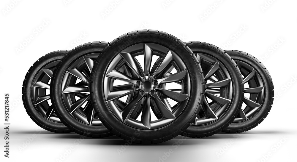 Set of car wheels on transparent background. 3D rendering illustration