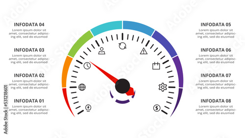 Speedometer infographic with 8 elements template for web, business, presentations, vector illustration. Business data visualization.