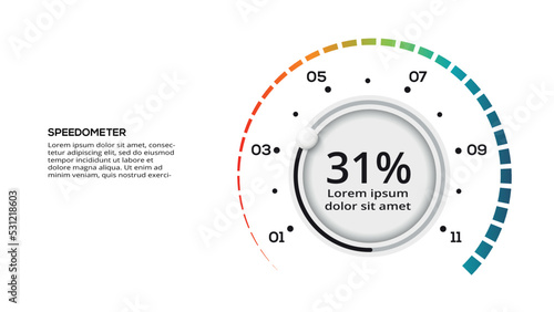 Speedometer infographic with 11 elements template for web, business, presentations, vector illustration. Business data visualization.