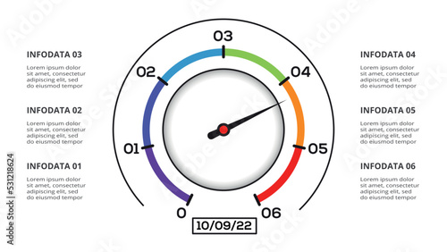 Speedometer infographic with 6 elements template for web, business, presentations, vector illustration. Business data visualization.