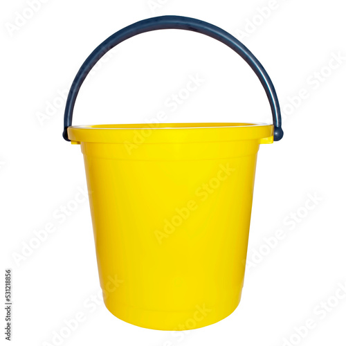 Yellow plastic bucket with black handle, isolated on a white background
