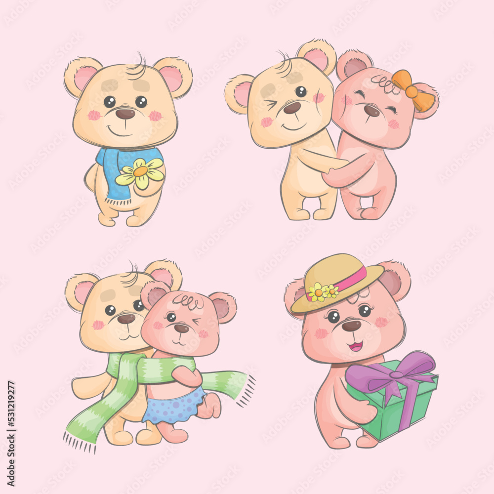 Cute valentine teddy bears couple hand drawn collection