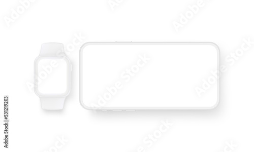 Clay Phone With Horizontal Screen and Smart Watch Mockup, Isolated on White Background. Vector Illustration