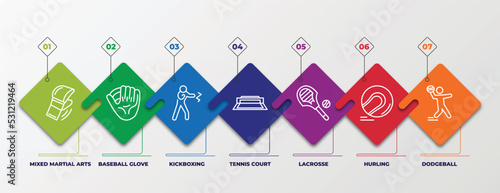 infographic template with linear icons. infographic for sport concept. included mixed martial arts, baseball glove, kickboxing, tennis court, lacrosse, hurling, dodgeball editable vector.