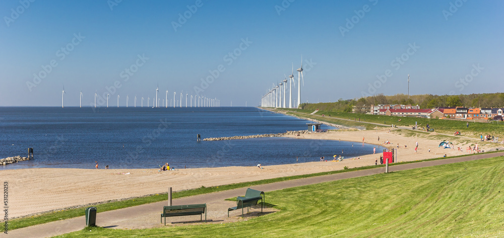 Panorama of the beach at the dike in Urk, Netherlands Panorama of the beach at the dike in Urk, Netherlands