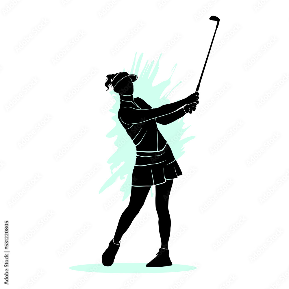 Silhouette of female golfer swinging a stick isolated on white background Silhouette of female golfer swinging a stick isolated on white background