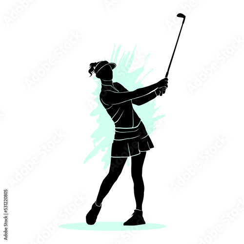 Silhouette of female golfer swinging a stick isolated on white background