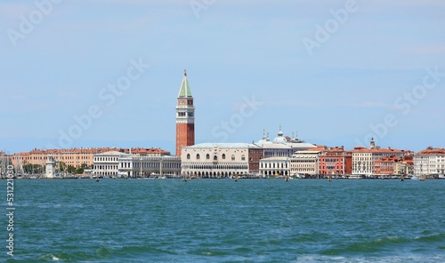 Venice island with the historic buildings the bell tower of SAINT MARK seen from the sea without people