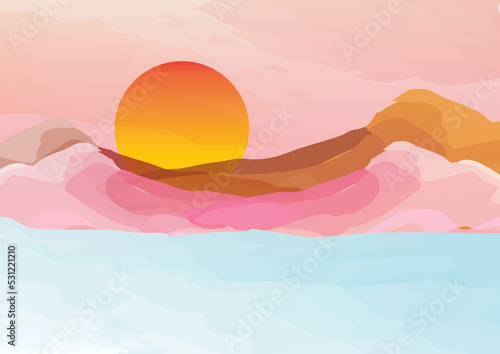 A dream island Surrounded by the evening sea waves and high pink mountains. with the setting sun Or maybe it looks like the sun is rising