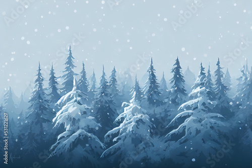 Beautiful watercolor coniferous forest illustration, Christmas fir trees, winter nature, holiday background, conifer, snowfall, outdoor. 3d Illustration