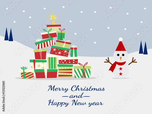 merry christmas card with snowman and gifts