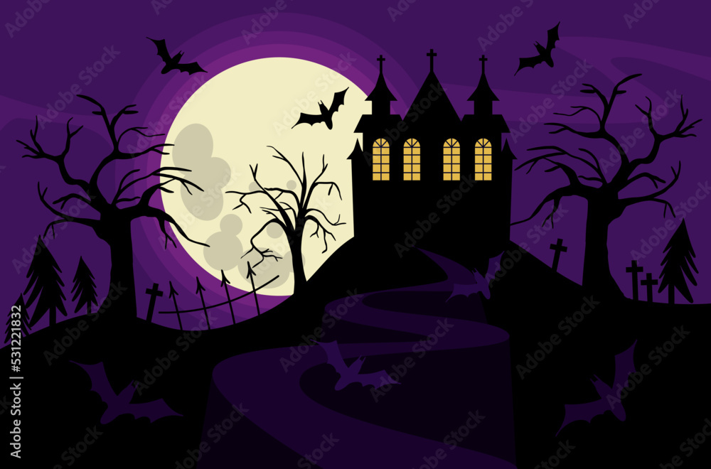 a scary house on a cemetery hill against the backdrop of a full moon of trees and bats