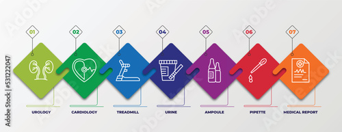 infographic template with linear icons. infographic for health and medical concept. included urology, cardiology, treadmill, urine, ampoule, pipette, medical report editable vector.