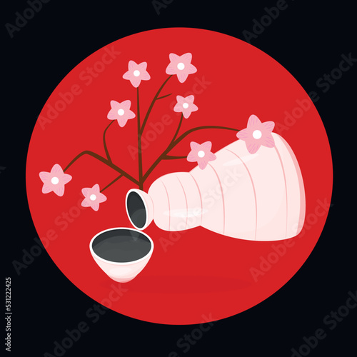 bottle of Japanese sake Cherry blossom Cherry branch with flowers Pouring sake into a glass Vector illustration in flat style for poster, label Template for printing