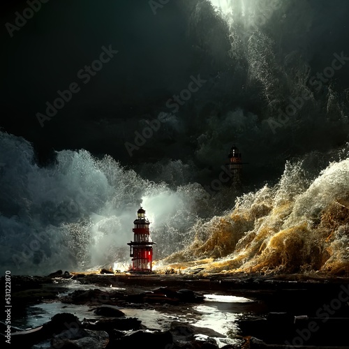 A lighthouse, surrounded by the stormy sea. Fantastic 3D rendered digital illustration. Fantasy.