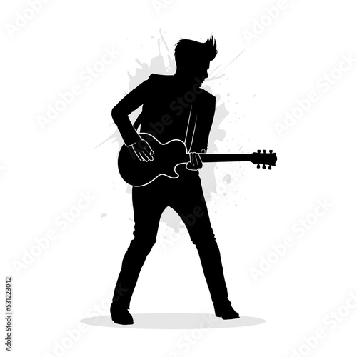 Silhouette of man playing guitar isolated on white background