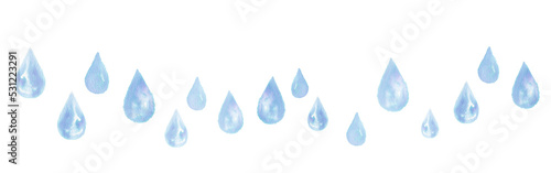 イラスト素材：手描きの水彩絵の具のにじみのある無数の雫　バナー/青色（透過背景）
