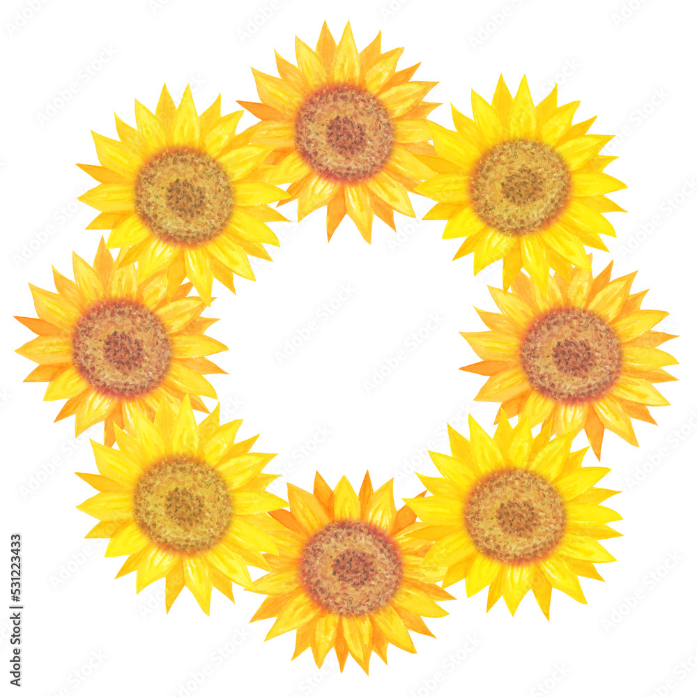 イラスト素材:水彩絵の具で手描きした向日葵のリース ぎっしり大輪の花/夏/黄色(透過背景) イラスト素材:水彩絵の具で手描きした向日葵のリース ぎっしり大輪の花/夏/黄色(透過背景)