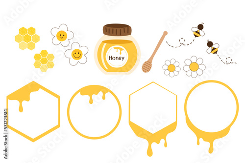 Honey sign logos, daisy flower, honey pot, wooden honey dipper and bee cartoons isolated on white background vector illustration. Cute honey elements.