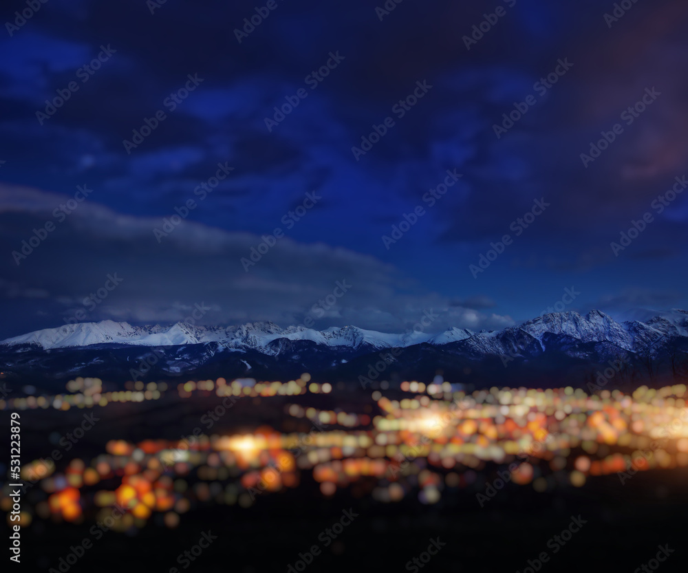 view of the Zakopane and Polish Tatra Mountains with a blur effect