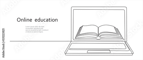 Continuous line drawing or one line drawing of a book on a computer. Vector illustration of modern education and technology. Online education concept. Illustration with quote template. 