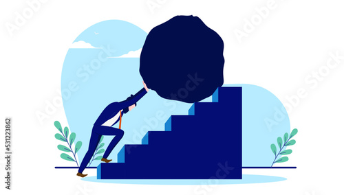 Business challenge - Determined businessman working hard pushing rock up stairs. Determination and persistence concept. Flat design vector illustration with white background