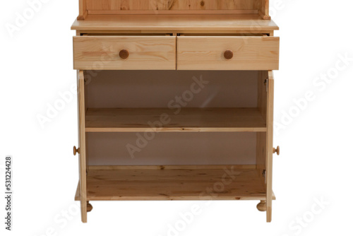 Retro style modern kitchen cabinet with open doors and shelves. Open drawers of a wooden kitchen cabinet with shelves isolated on a white background.