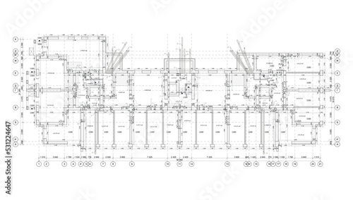 Multistory building detailed architectural technical drawing, vector blueprint ground floor plan