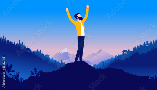 Personal freedom - Man standing with raised hands cheering and happy outdoors in epic nature landscape, wearing casual clothes. Happiness and carefree concept. Vector illustration