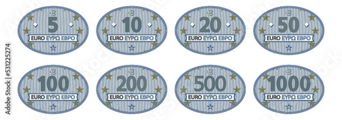 Vector set of stickers or price tags. Denominations in 5, 10, 20, 50, 100, 200, 500 and 1000 euro of the European Union on blue ovals with stars and guilloche net. White isolated background