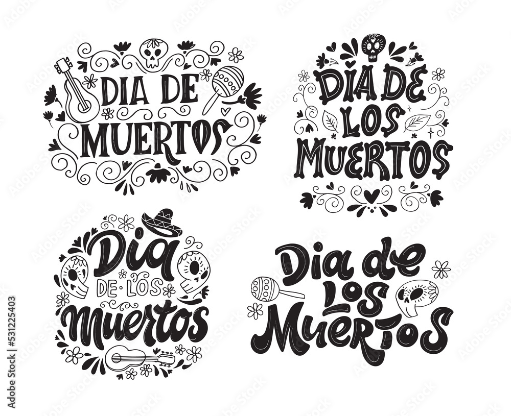 Day of the dead vector illustration set. Hand sketched lettering 'Dia de los Muertos' for postcard or celebration design. Flowers and herbs with hand drawn typography poster.