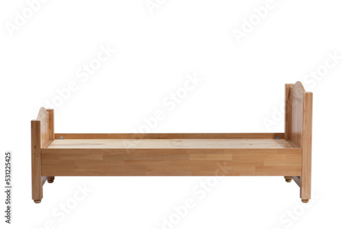 Wooden sleeping bed. New wooden bed frame on white background.