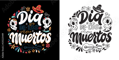 Day of the dead vector illustration set. Hand sketched lettering 'Dia de los Muertos' for postcard or celebration design. Flowers and herbs with hand drawn typography poster.